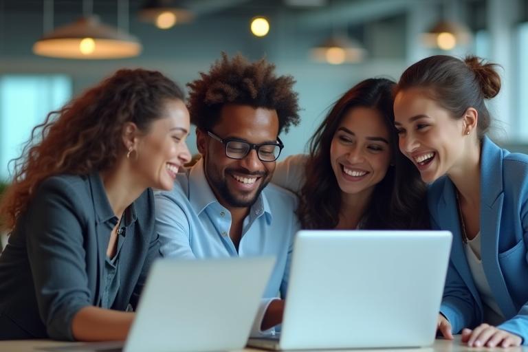 Team members collaborating on a digital project in a modern office